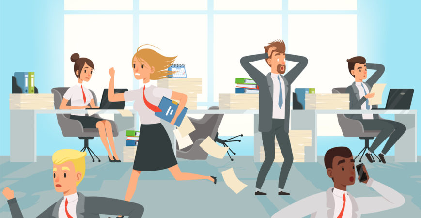 Office deadline. Business workers managers stress running on workplaces at work vector characters. Illustration of office stress, business workplace