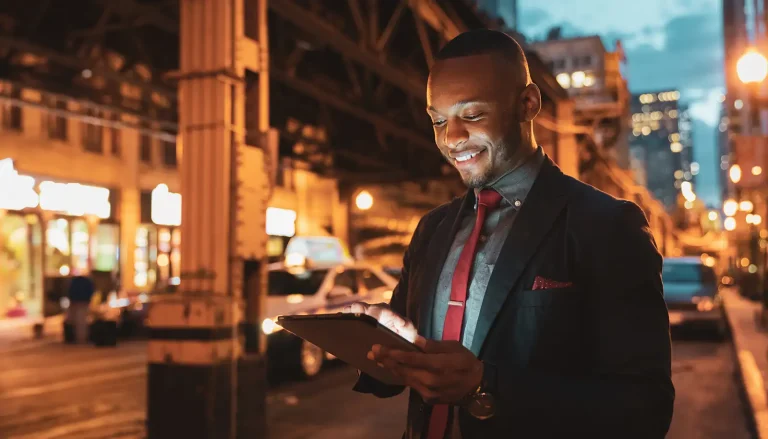 Homem verifica tablet digital em uma rua de Chicago no crepúsculo.