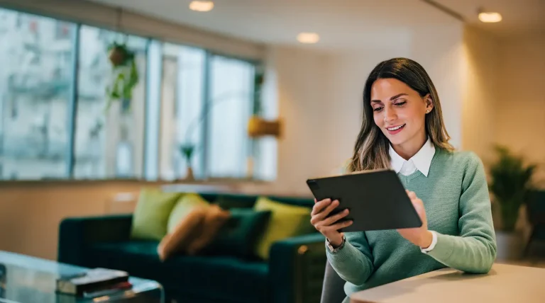 business woman smiling with digital tablet.