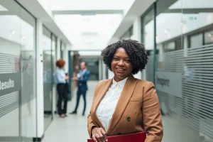 A professional woman confidently smiling in a modern office hallway with colleagues in the background.