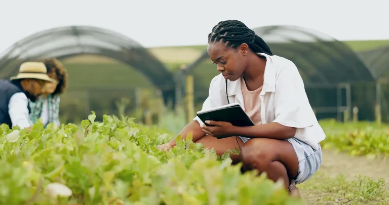 black woman in greenhouse for farming with vegetables